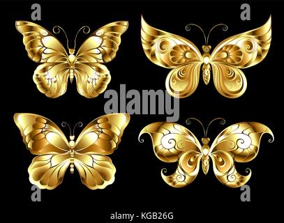 Set of artistic, jewelry, gold butterflies on a black background. Gold Butterflies. Stock Vector