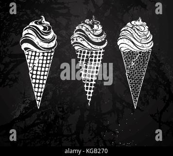 Three ice cream with waffle horn painted with white chalk on a black chalkboard. Drawing with chal Stock Vector