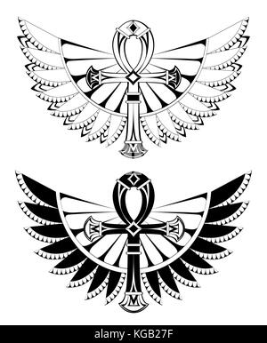 Two artistically drawn, contoured ankhs with wings on a white background. Tattoos style. Element of design. Egyptian Cross. Black ankh Stock Vector
