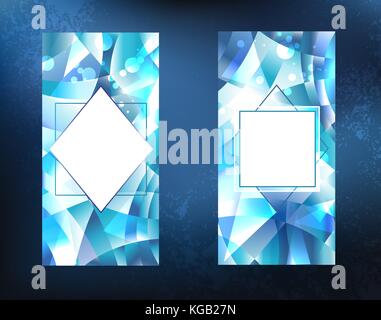 two crystalline, icy, blue, faceted, sparkling banner on a dark background. Ice design. Stock Vector