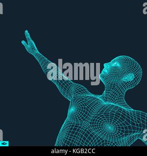 Man Points to Something by Hand. 3D Model of Man. Geometric Design. Vector Illustration. Stock Vector