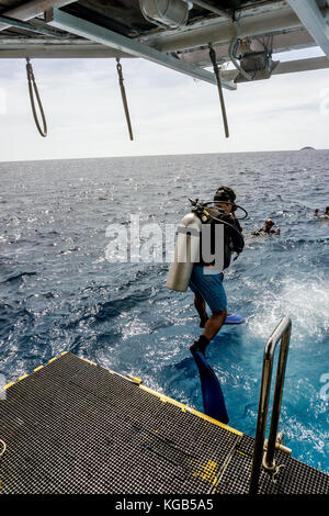 Similan Island, Thailand 3 day liveaboard SCUBA trip - jumping in Stock Photo