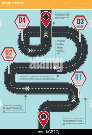 Trendy infographic template with road map using pointers and arrows. Stock Vector