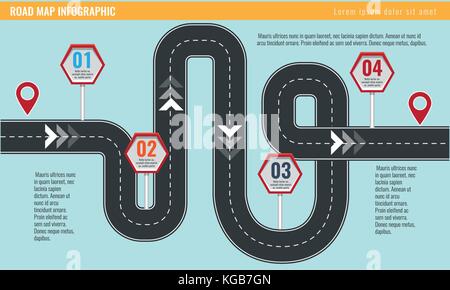 Trendy infographic template with road map using pointers and arrows. Stock Vector