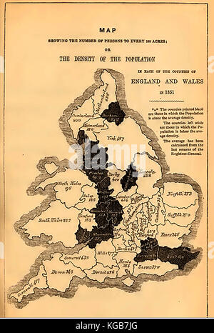 A population map of Britain for 1851 showing density of habitation by county in England and Wales Stock Photo