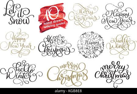 Set of ten hand written Christmas calligraphy lettering texts Merry Christmas Happy New Year Hello Winter for greeting card. handmade vector illustration Stock Vector