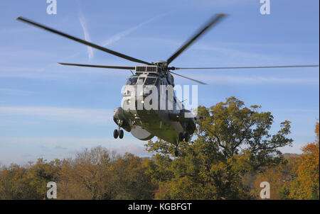 A Sea King helicopter lands on Bishopsteignton Village Green in Devon during a visit for local school children to view the helicopter. Stock Photo
