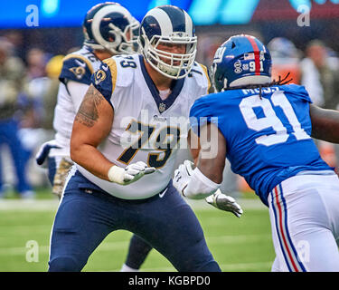 East Rutherford, New Jersey, USA. 6th Nov, 2017. Rams' tackle Rob Havenstein  (79) sets to block Giants' defensive end Avery Moss (91) during NFL action  between the Los Angeles Rams and the New York Giants at MetLife Stadium in  East Rutherford, New