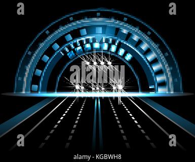 HUD. Brilliant technological eye on a black background. Car with lights on. head display. Road, highway. illustration Stock Vector