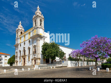 Faro, the Algarve, Portugal, Do Carmo church and jacaranda trees in flower Stock Photo
