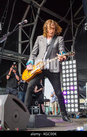 Dan Hawkins, lead guitarist of The Darkness, performs at Godiva Festival, Coventry, United Kingdom. Stock Photo