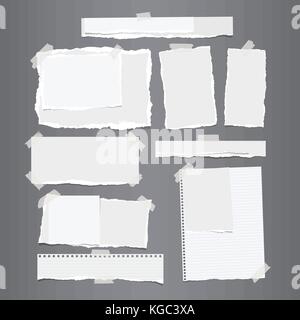 White ripped horizontal and vertical paper strips, notebook, note paper for text or message stuck with sticky tape on gray background. Stock Vector