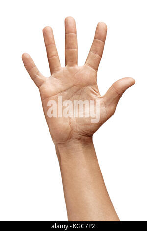 Man's hand showing five fingers isolated on white background. Sign - number five. Close up. High resolution product Stock Photo
