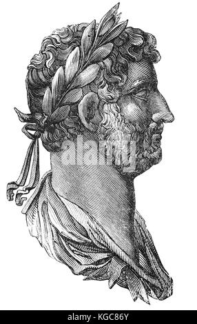 An engraving from a Roman coin of Hadrian (76 – 138),  emperor from 117 to 138. He is known for building Hadrian's Wall, which marked the northern limit of Britannia. He is considered by some to have been a humanist, and he is regarded as the third of the Five Good Emperors. Stock Photo