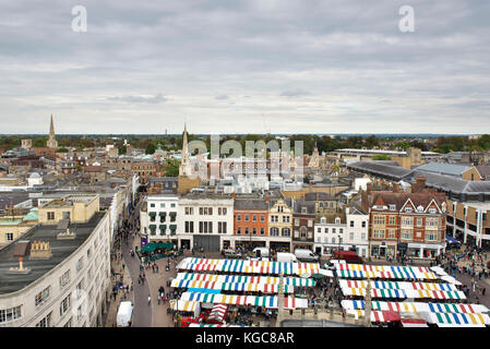 View from St Marys Church tower in historical cambridge city of the Market Square and kings college in the city centre Stock Photo