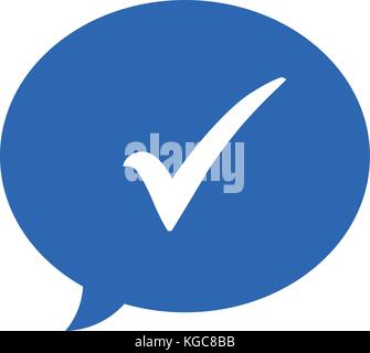 Check mark icon in a blue speech bubble. Tick symbol in blue chat bubble icon, vector illustration. Stock Vector