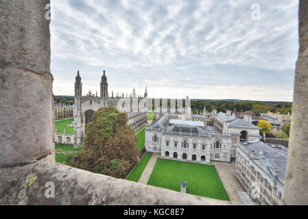 View from St Marys Church tower in historical cambridge city of the Market Square and kings college in the city centre Stock Photo