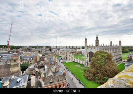 View from St Marys Church tower in historical cambridge city of the Market Square and kings college in the city centre Stock Photo