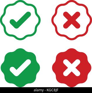 Tick icon set. Stylish check mark icon set in green and red colors, vector illustration. Stock Vector