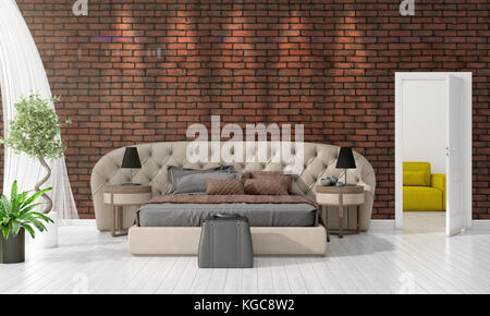 Modern interior design of bedroom in vogue with plant and copyspace in horizontal arrangement. 3D rendering. Stock Photo