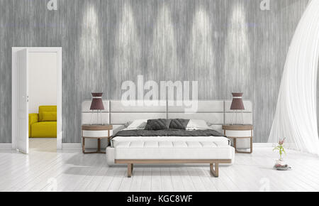 Modern interior design of bedroom in vogue with plant and copyspace in horizontal arrangement. 3D rendering. Stock Photo