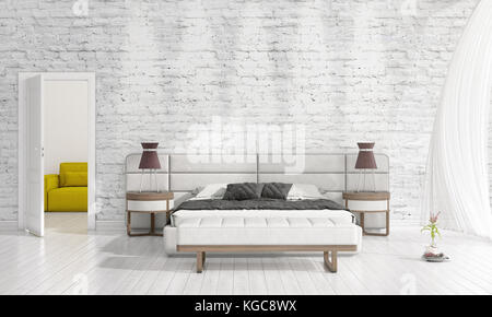 Modern interior design of bedroom in vogue with plant and copyspace in horizontal arrangement. 3D rendering. Stock Photo