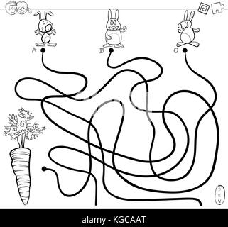 Black and White Cartoon Illustration of Paths or Maze Puzzle Activity Game with Rabbit Characters and Carrot Coloring Book Stock Vector