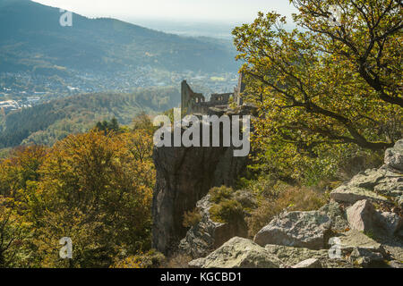 lookout to the town Baden-Baden and the ruin of the Old Castle Hohenbaden, on the Battert rock above the spa town Baden-Baden in the autumn, Germany Stock Photo