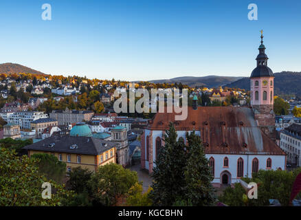 the Friedrichsbad and the Stiftskirche, panorama view over the town at the New Castle, spa town Baden-Baden at sunset, Germany Stock Photo
