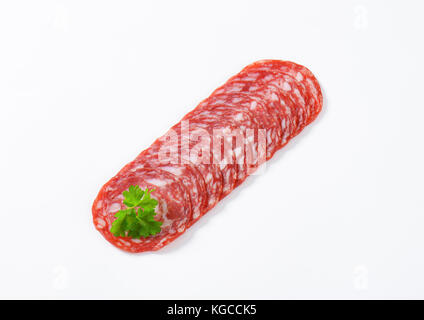 Slices of Spanish summer sausage made with Iberico pork Stock Photo