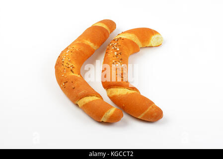 two fresh bread rolls on white background Stock Photo
