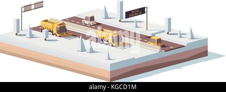 Vector low poly snowplows working on the highway Stock Vector