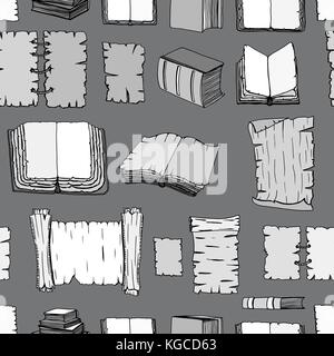 Seamless Hand Drawn Illustrations Pattern of Big Set Books manuscripts. Doodle vector illustration isolated on black background. Stock Vector