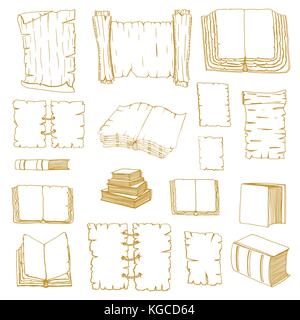 Monochrome Hand Drawn Illustrations of Big Set Books manuscripts. Doodle vector illustration isolated on white background. Stock Vector