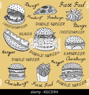 Hand-drawn set of sketchy fast food illustrations, burgers, hot dogs, French fries and pizza. Vector illustration, isolated on yellow Stock Vector