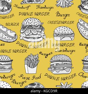 Seamless monochrome Wallpaper background of Hand-drawn set sketchy fast food illustrations, burgers, hot dogs, French fries and pizza. Vector illustra Stock Vector