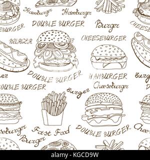 Seamless monochrome Wallpaper background of Hand-drawn set sketchy fast food illustrations, burgers, hot dogs, French fries and pizza. Vector illustra Stock Vector