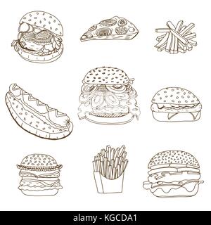 Hand-drawn set of sketchy fast food illustrations, burgers, hot dogs, French fries and pizza. Vector illustration, isolated on white Stock Vector
