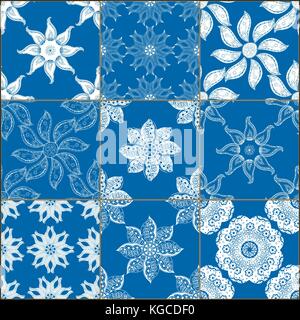 Creative set of classical blue ceramic tiles. Doodles mosaic with hand drawn floral and geometrical patterns. Lines, flowers, sun, stars, mandalas, wa Stock Vector