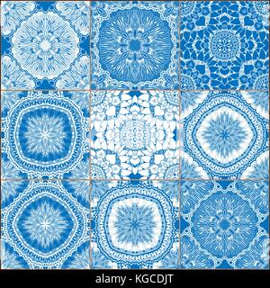 Creative set of classical blue ceramic tiles. Doodles mosaic with hand drawn floral and geometrical patterns. Lines, flowers, sun, stars, mandalas, wa Stock Vector
