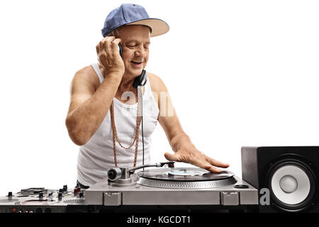 DJ playing music on a turntable isolated on white background Stock Photo
