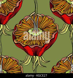 Seamless pattern with hand drawn flowers. Chinese and Japanese silk art style. Stock Vector