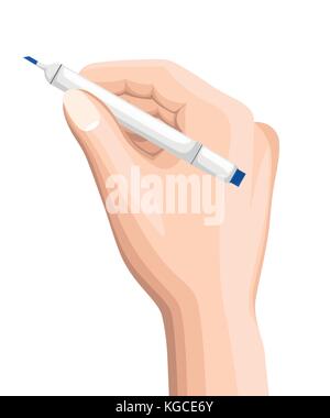 The hand holds a pen. A hand with an office subject in style on the isolated green background. Vector illustration. Design element. Web site page and  Stock Vector