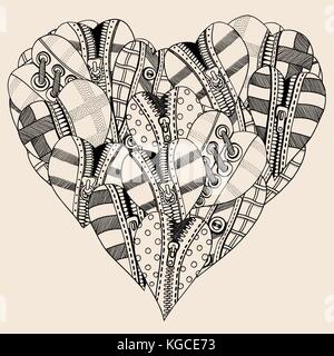 Big Heart of small hand drawn hearts. Background for Valentines day. Sketch for coloring book. Vector, doodle design elements. Black and beige Stock Vector