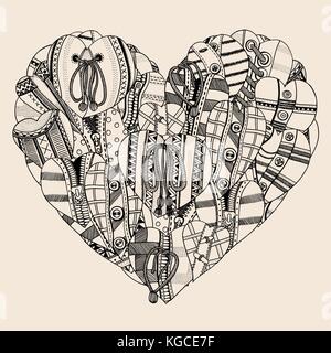 Big Heart of small hand drawn hearts. Background for Valentines day. Sketch for coloring book. Vector, doodle design elements. Black and beige Stock Vector