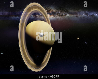 the planet Saturn with moons including Enceladus and the Milky Way (3d illustration, elements of this image are furnished by NASA) Stock Photo