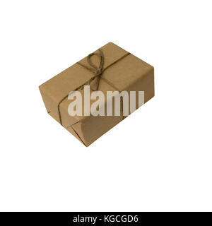 Wrapped vintage gift box with rope ribbon bow, isolated on white Stock Photo