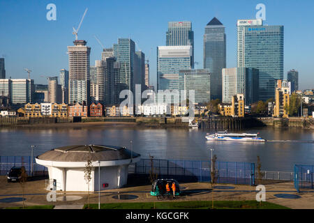 View of London's Financial district of Canary Wharf in Docklands and the River Thames Stock Photo