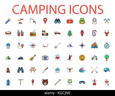 Camping icons set. Flat vector related icon set for web and mobile applications. It can be used as - logo, pictogram, icon, infographic element. Vecto Stock Vector