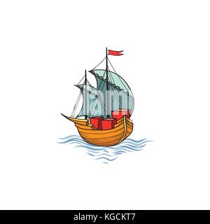 Sailing ship retro illustration. Ship transport cartoon. Marine sign Stock Vector